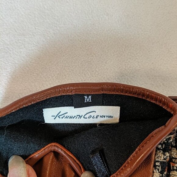 Kenneth Cole Leather Wool Gloves Brown Plaid Tweed Black Women's M Medium Lined - Picture 6 of 10